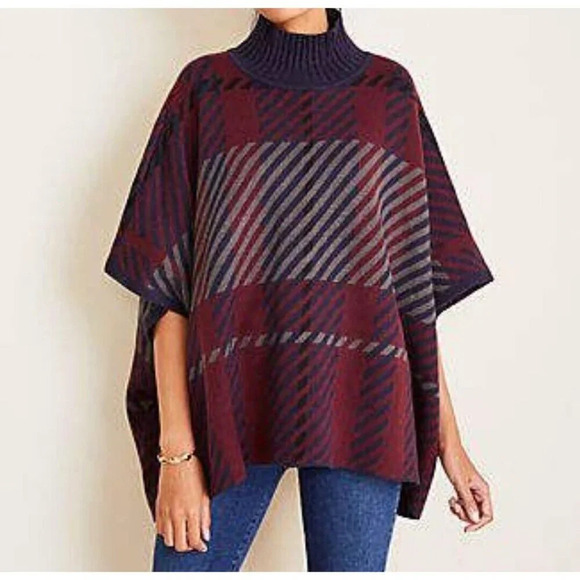 Ann Taylor Petite Plaid Poncho Womens XS/S Burgundy Blue Sweater Cottage - Picture 5 of 7